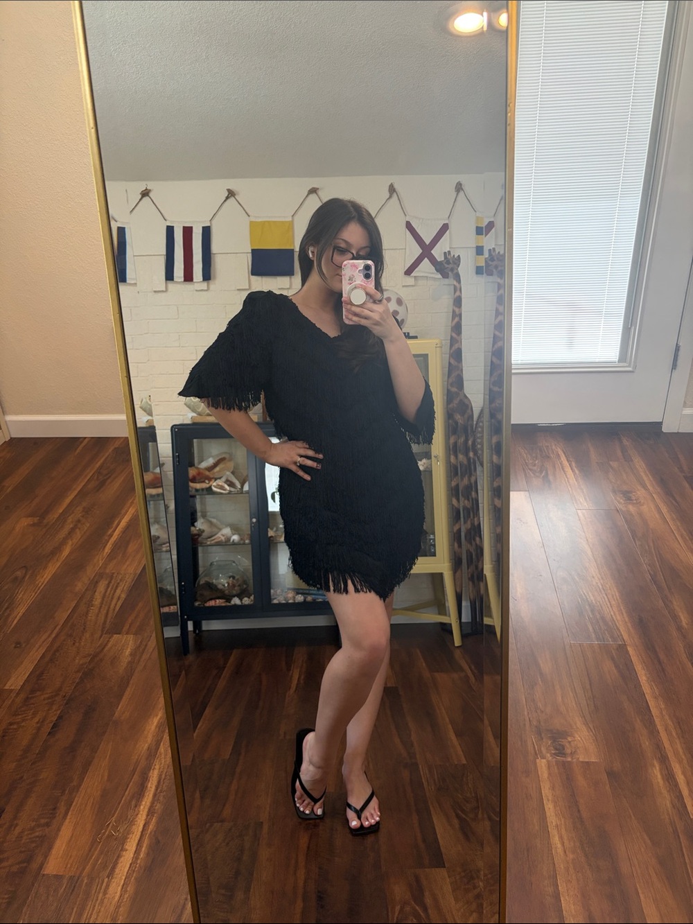 Vintage Fabulous Black Fringe V-Neck Mini Dress